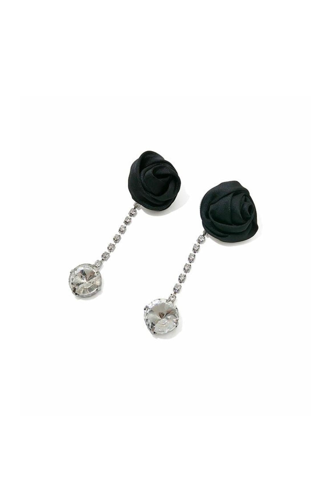 FABRIC ROSE RHINESTONE DROP EARRINGS