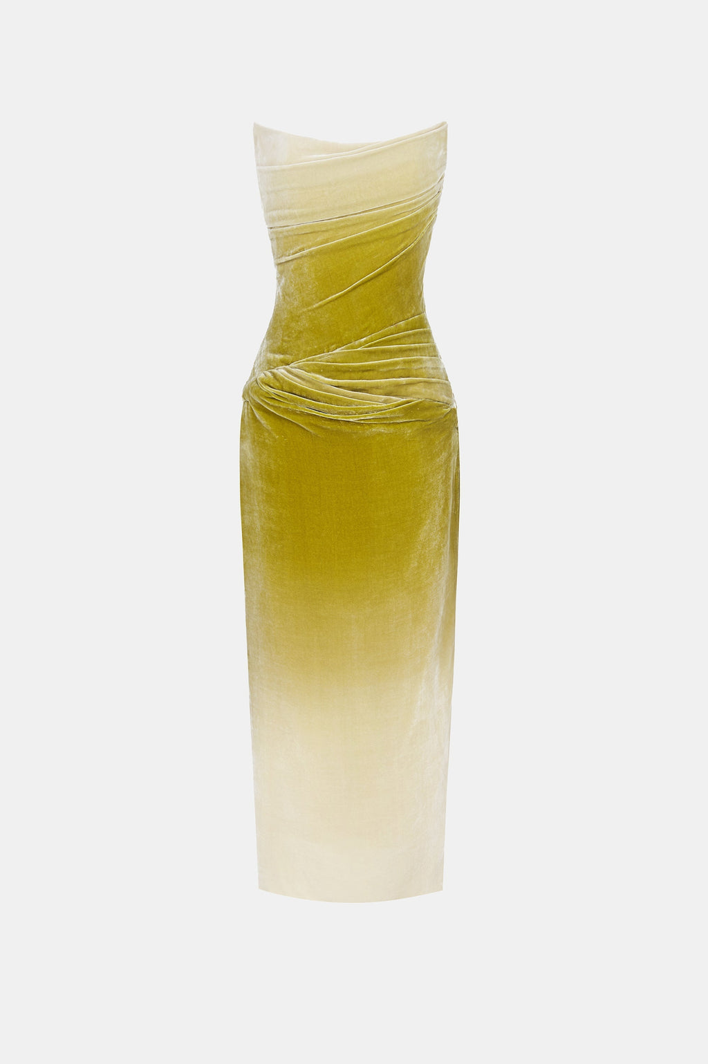ruched velvet strapless midi dress in green gradient