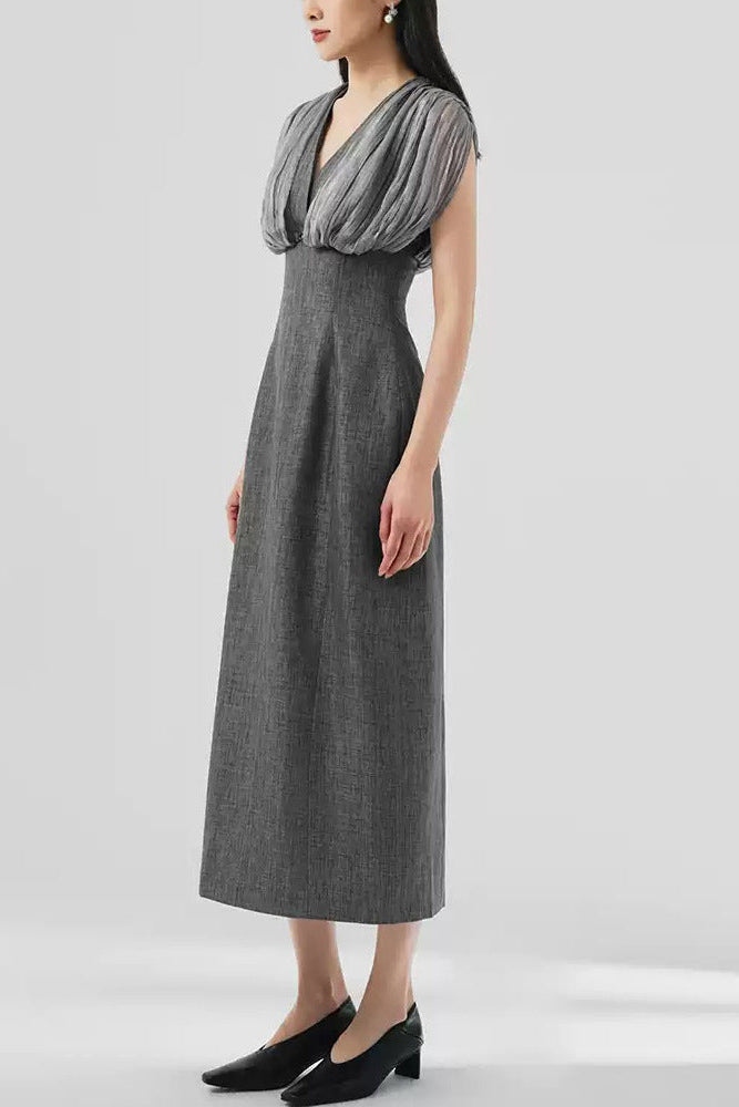 Mesh stitching sleeveless midi dress in grey