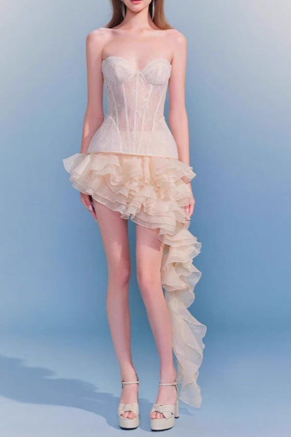 Irregular Petal Lace Bodycon Mini Skirt Set In Beige