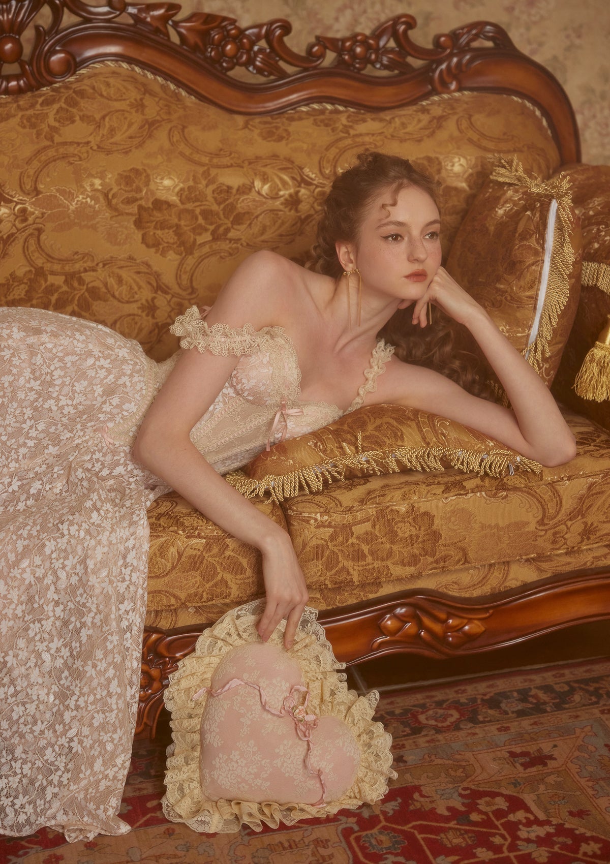 aurora lace floral embroidery midi dress in nude