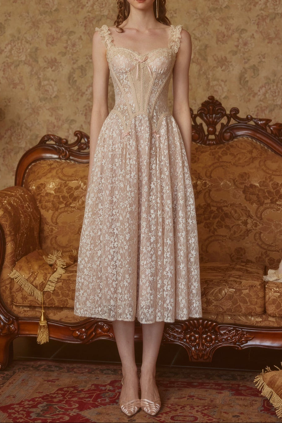 aurora lace floral embroidery midi dress in nude