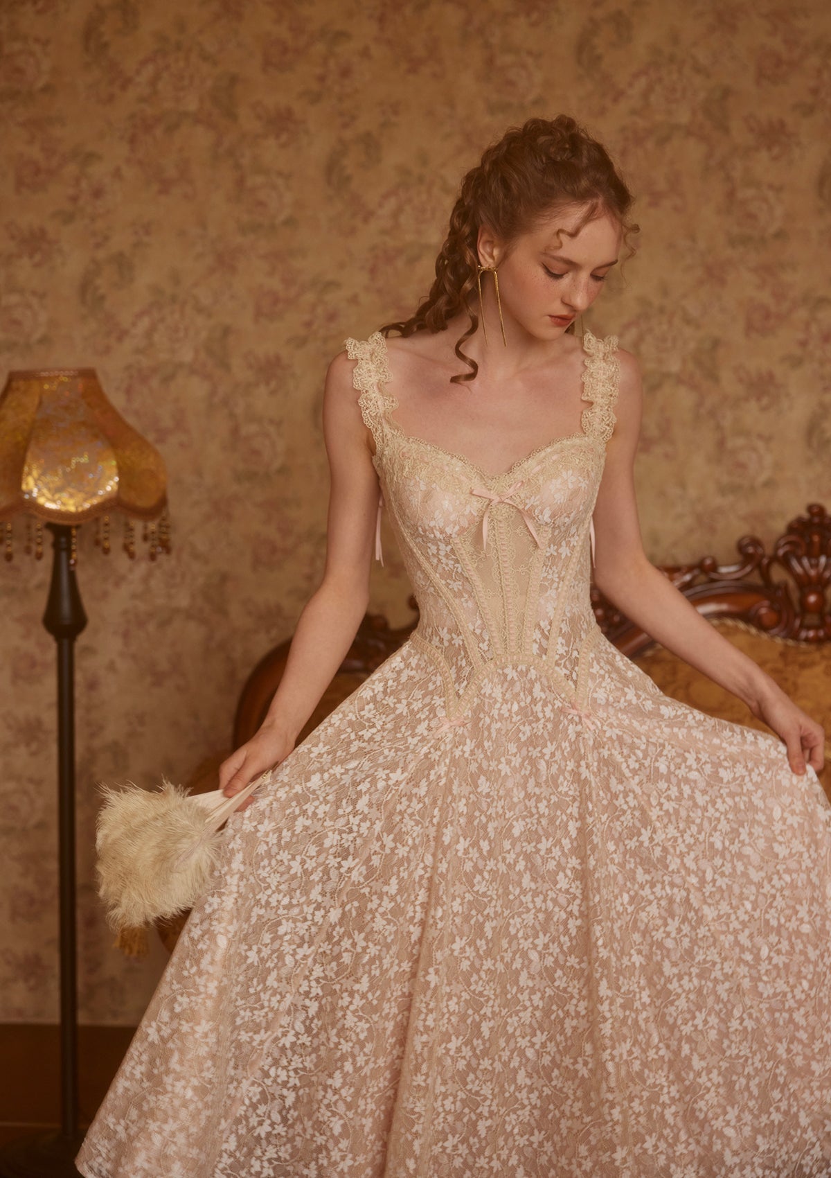 aurora lace floral embroidery midi dress in nude