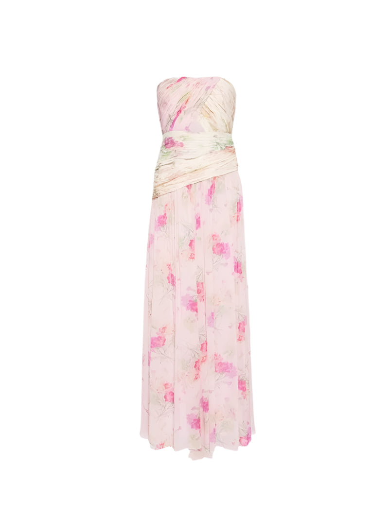 PINTIL STRAPLESS PLEATED FLORAL MAXI DRESS IN MULTI