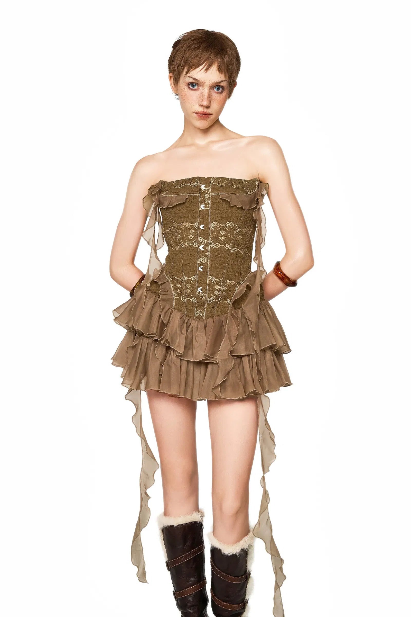 althea ruffle trim fish bones mini dress in brown