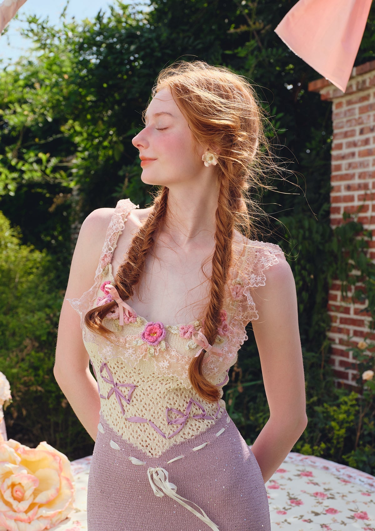 celeste Crochet flowers jersey midi dress in purple