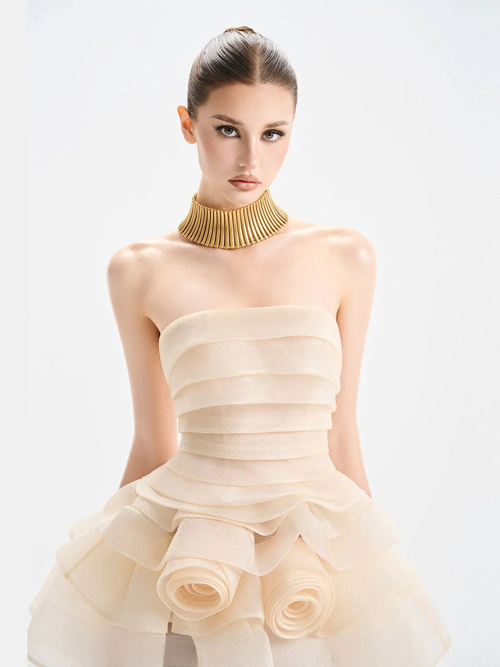 coral off-shoulder layer trim flower mini dress in apricot