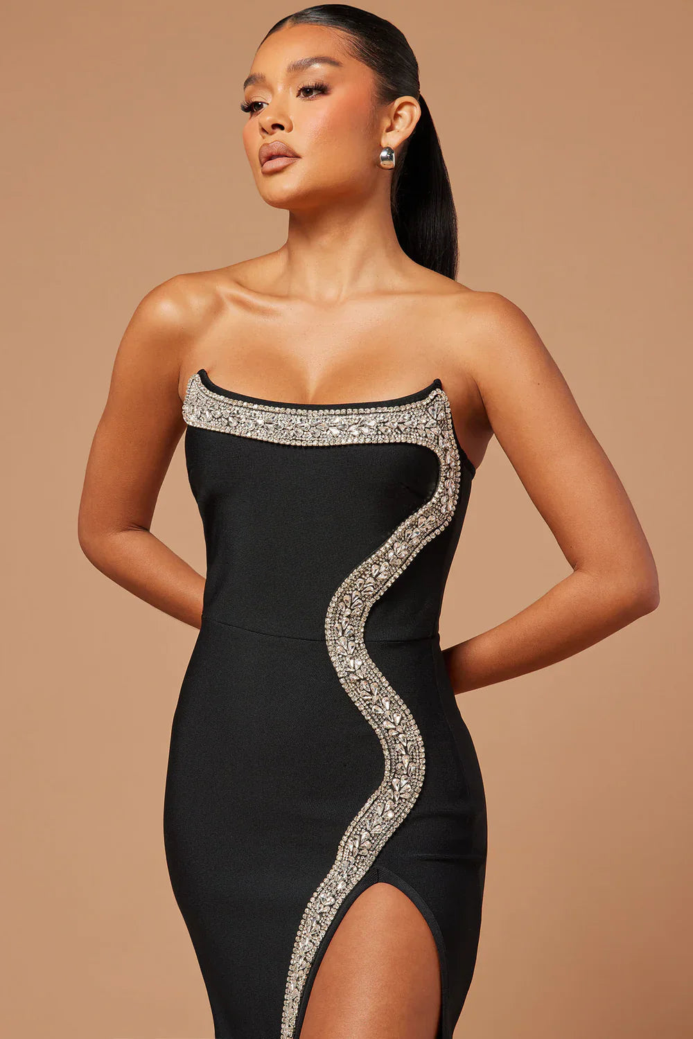 Amber-embellished Bandage Gown in Black