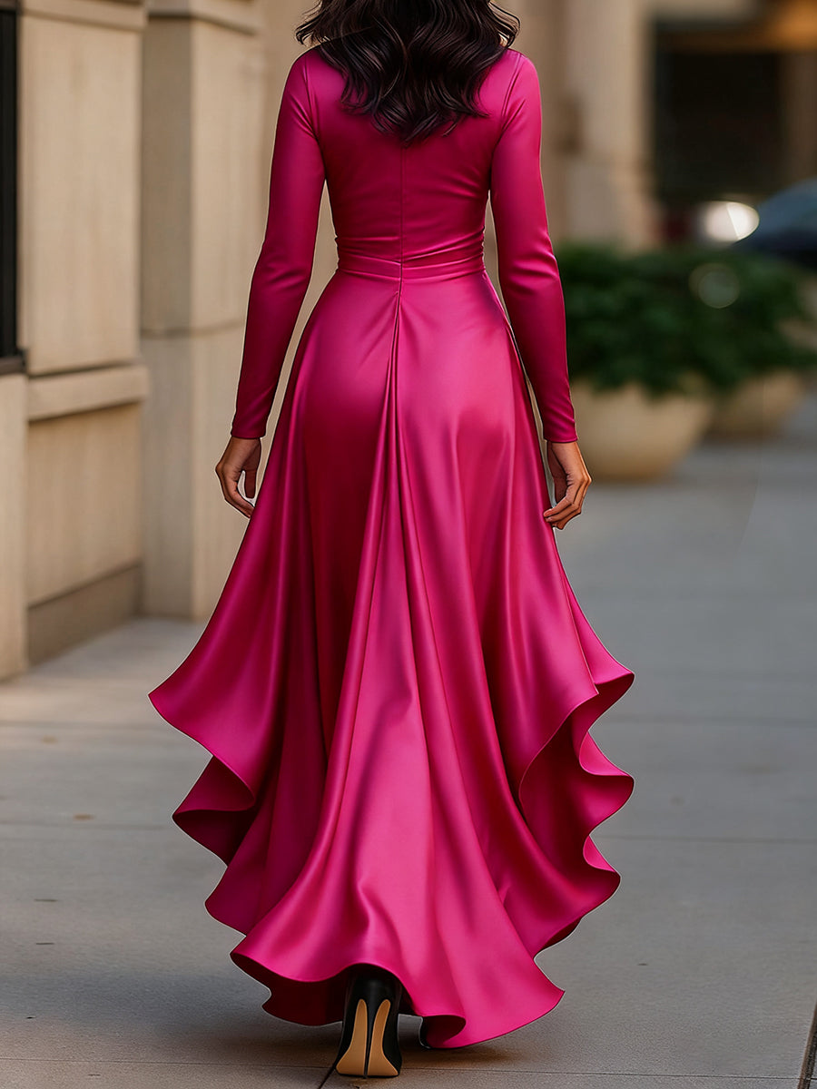 Midnight Blue Draped Satin Maxi Dress With Ruffle Details