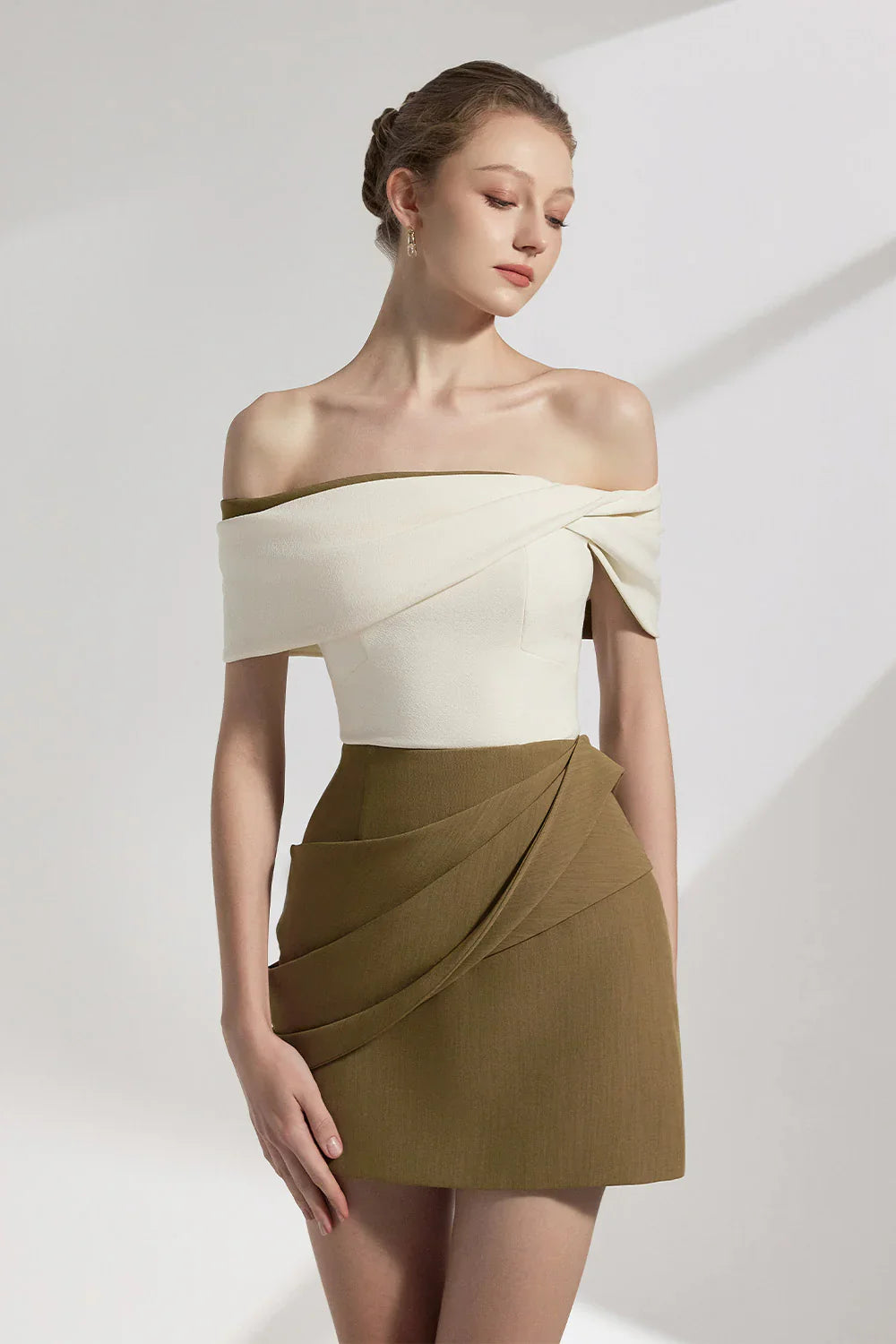 marjorie A-line Pleated Cotton Twill Mini dress in kahki