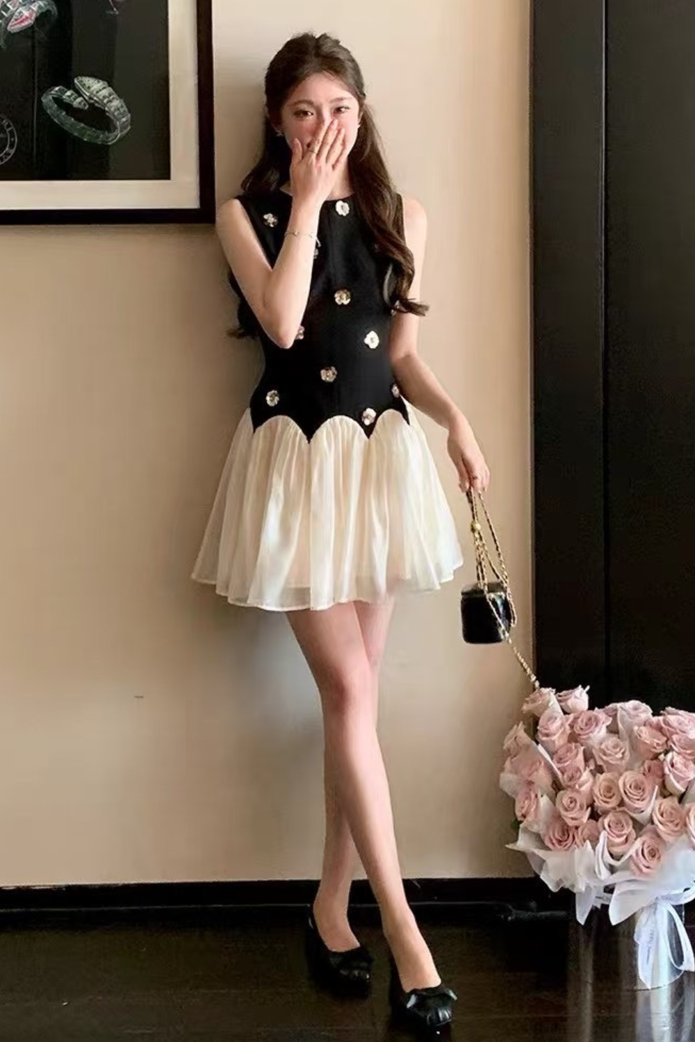 Stereoscopic Flower sleeveless mesh mini dress