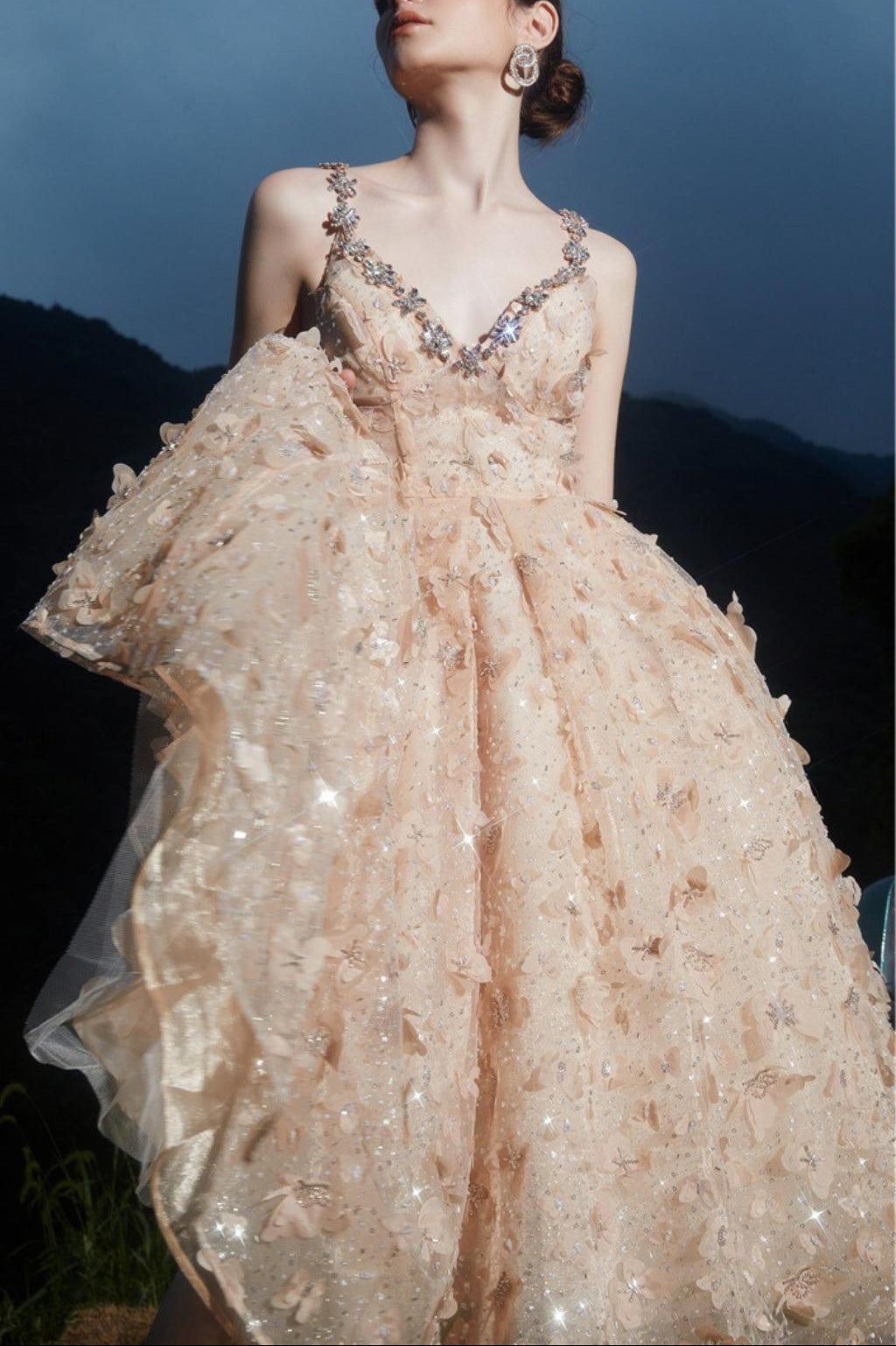 SEQUIN BUTTERFLY EMBELLISHED CRYSTAL MIDI DRESS