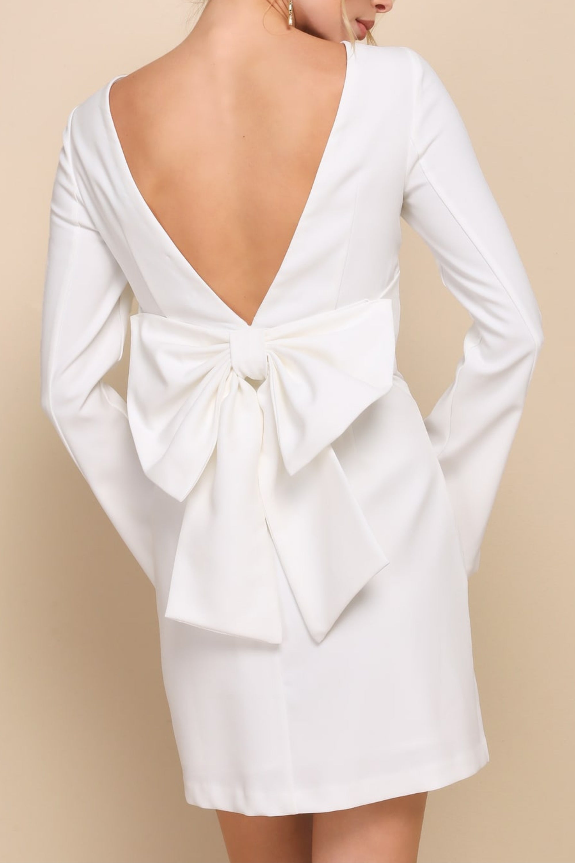 Ivory Bow Long Sleeve Backless Mini Dress