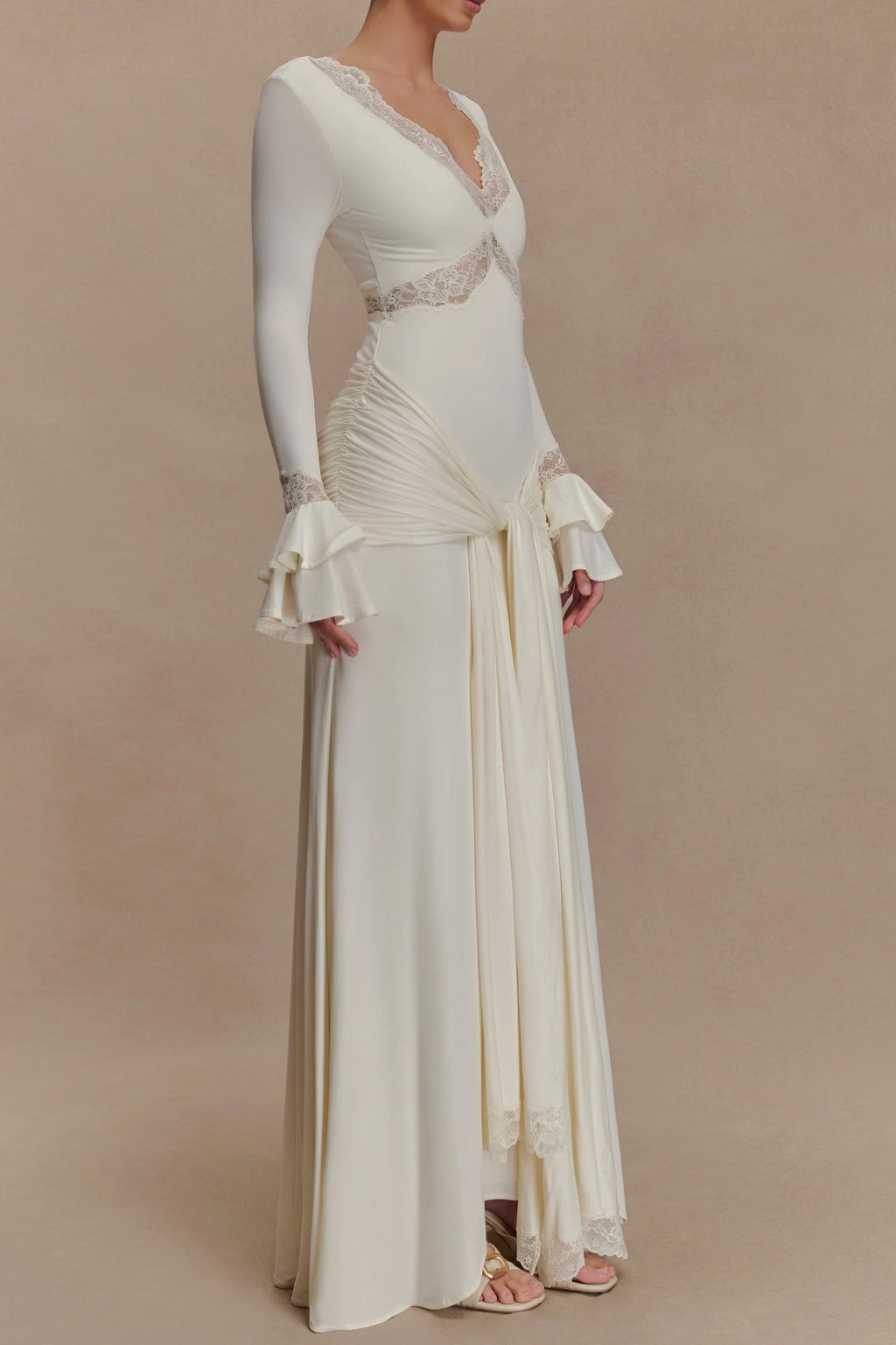 pamela V-neck lace see-through maxi dress in white