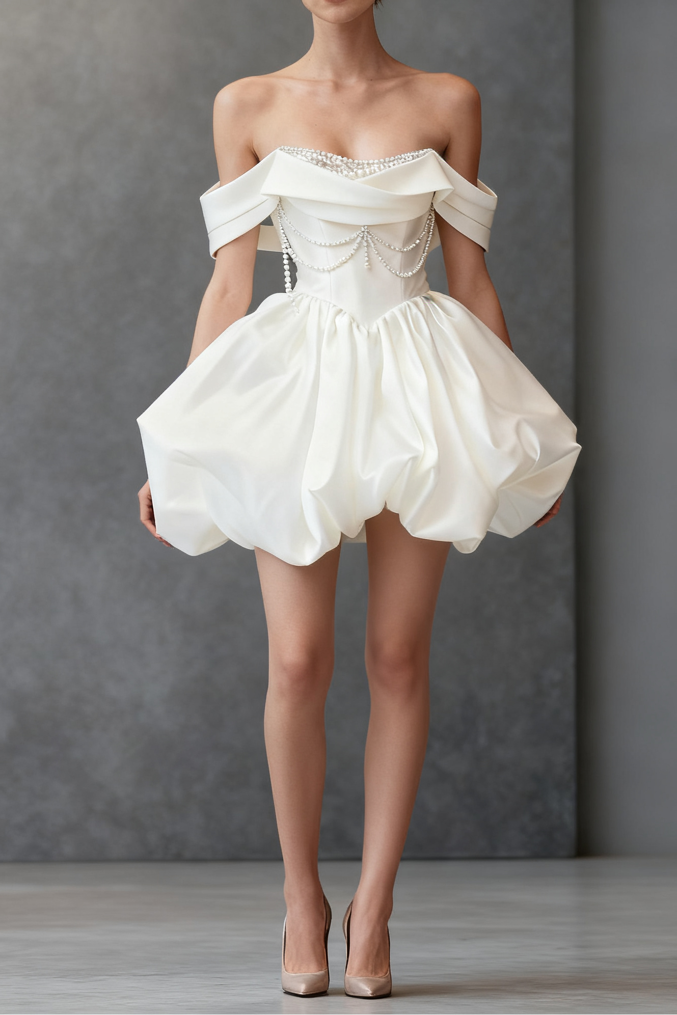 White Satin Beaded Off Shoulder Mini Dress