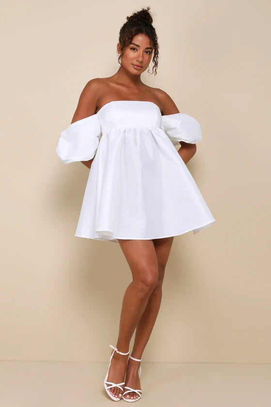 Sweet Vision White Taffeta Off-the-Shoulder Babydoll Mini Dress
