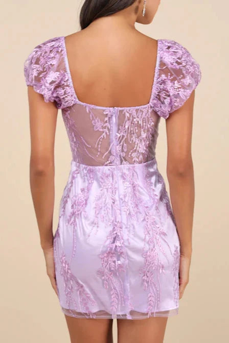 Seriously Cute Lavender Embroidered Mesh Puff Sleeve Mini Dress