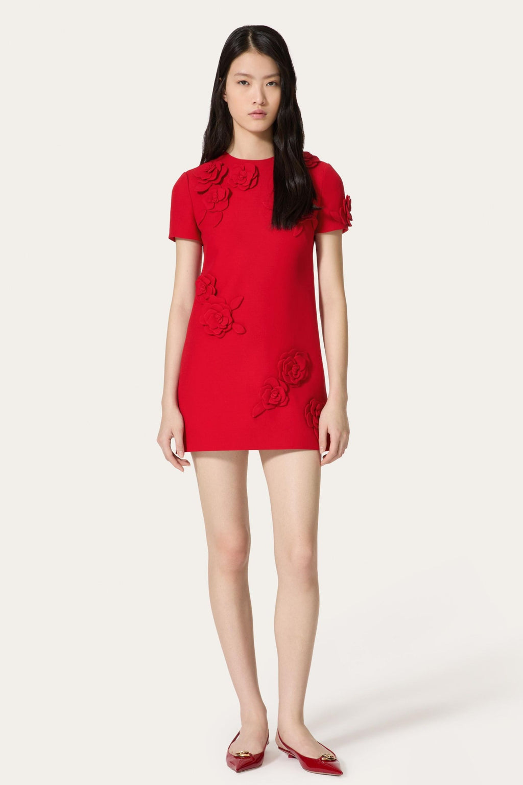 SELENA EMBROIDERED CREPE COUTURE MINI DRESS IN RED