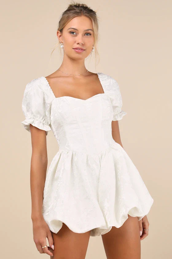 Princess Aesthetic Ivory Floral Jacquard Bubble-Hem Romper