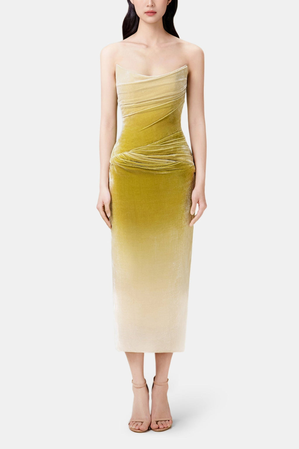 ruched velvet strapless midi dress in green gradient