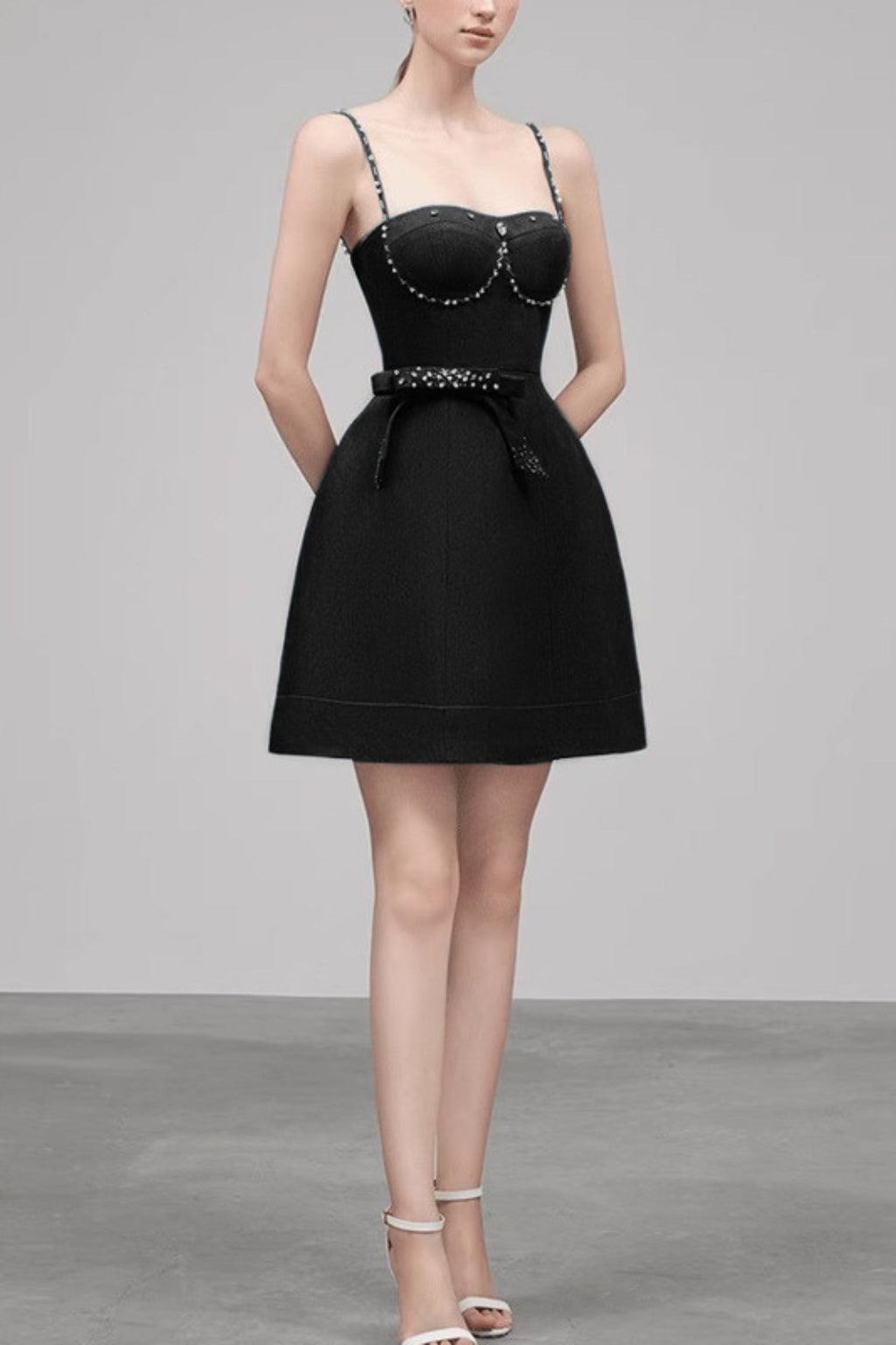 ELMA CRYSTAL EMBELLISHED BOW MINI DRESS IN BLACK