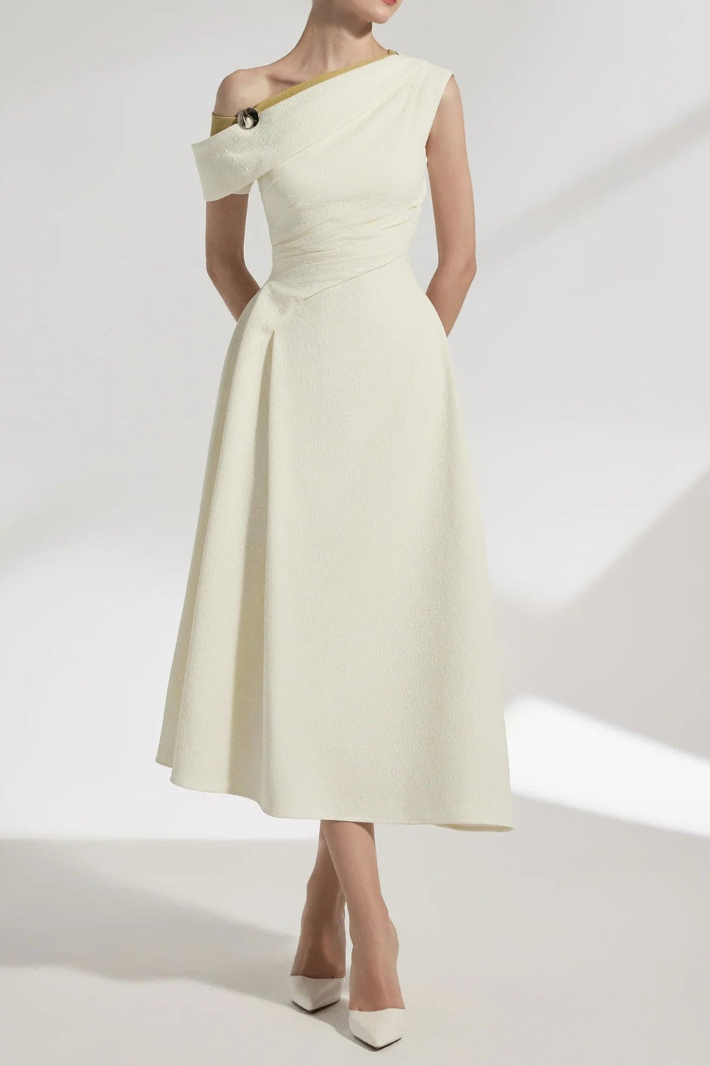 lucy one-shoulder a-line midi dress in white