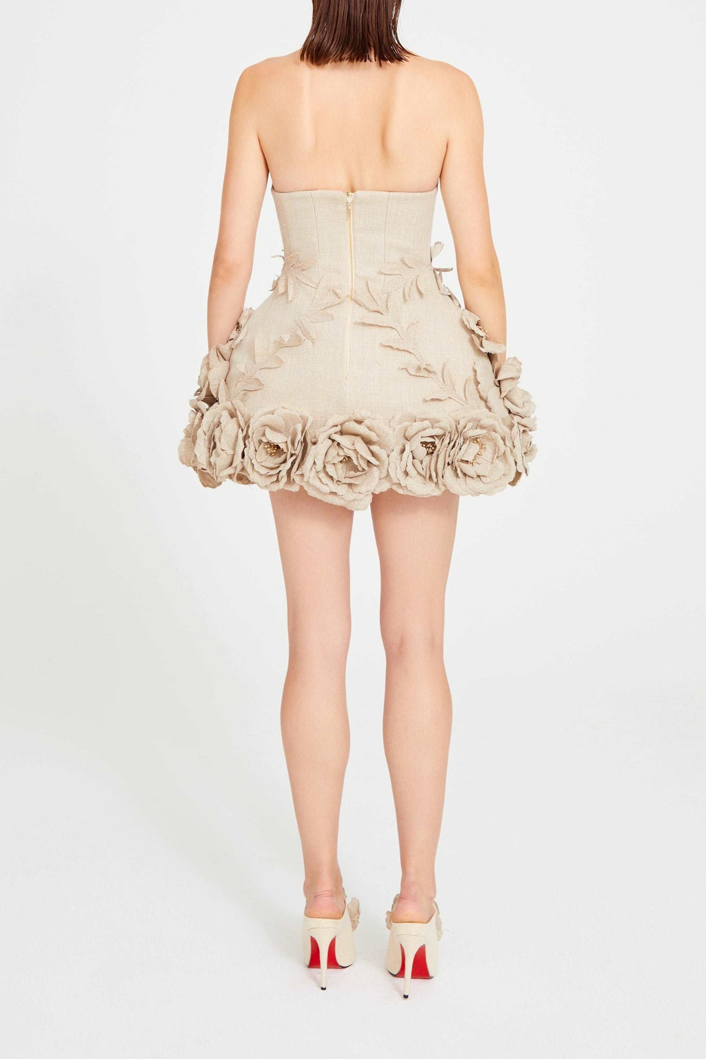 SALOME BEIGE LINEN CORSET FLOWER DETAILS MINI DRESS
