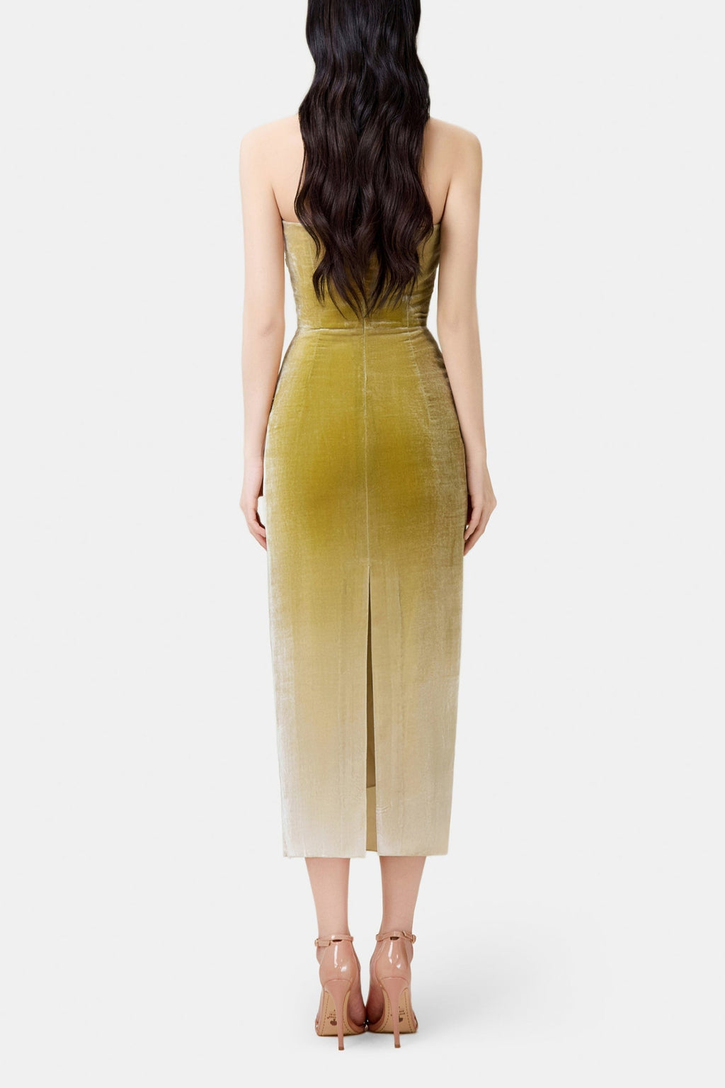 ruched velvet strapless midi dress in green gradient