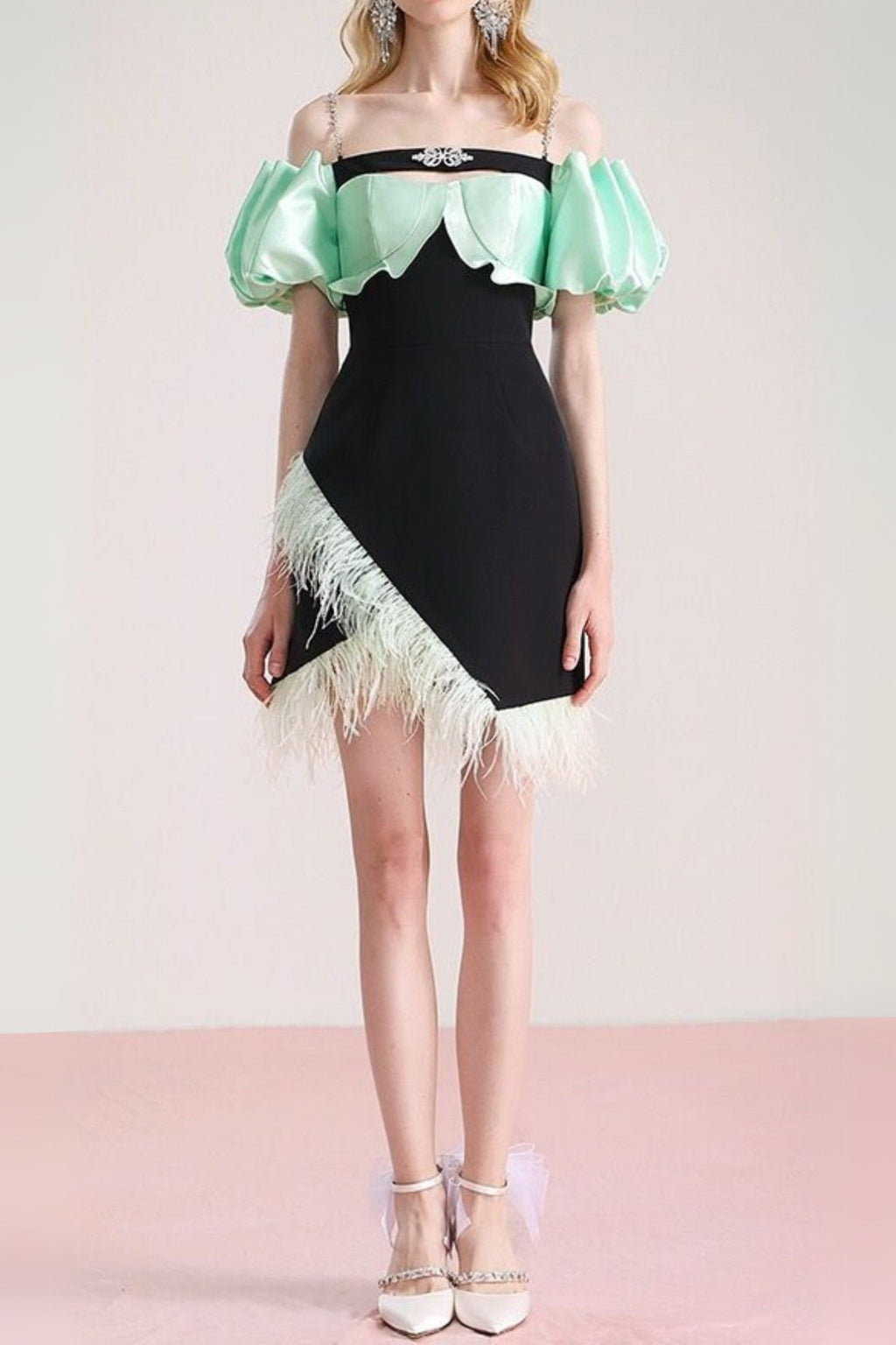 CIELO BLACK OFF-SHOULDER FEATHER MINI DRESS