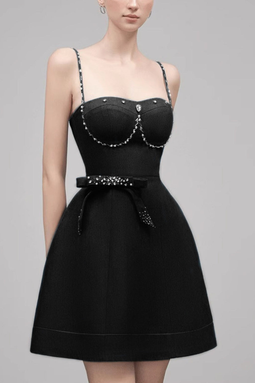 ELMA CRYSTAL EMBELLISHED BOW MINI DRESS IN BLACK