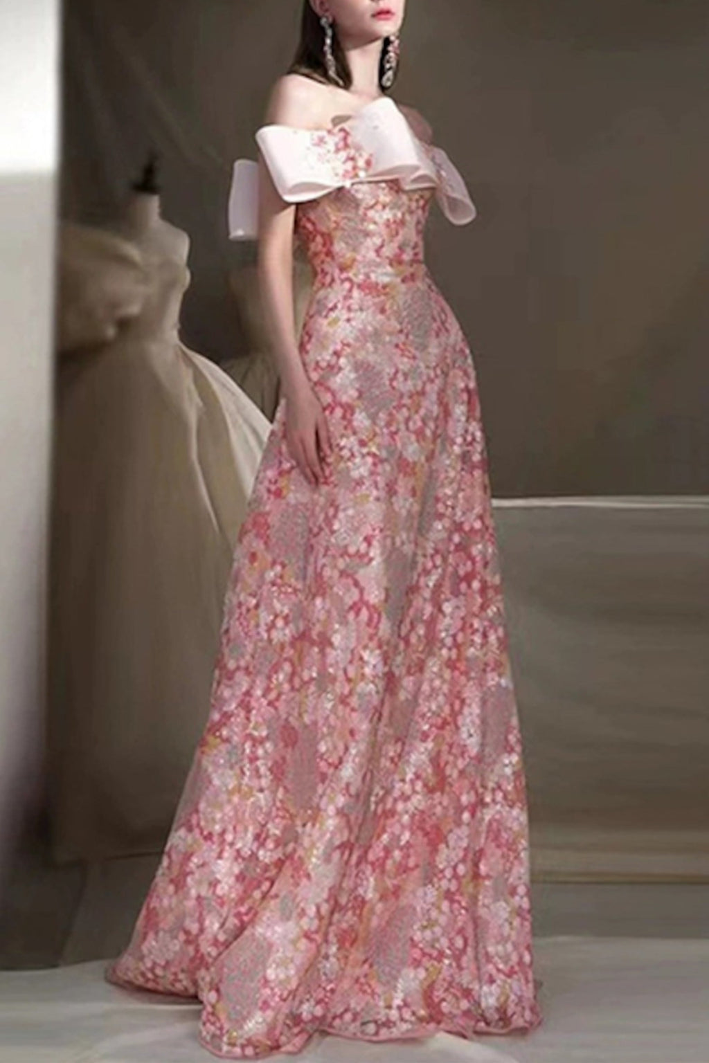 STRAPLESS FLORAL A-LINE MAXI DRESS