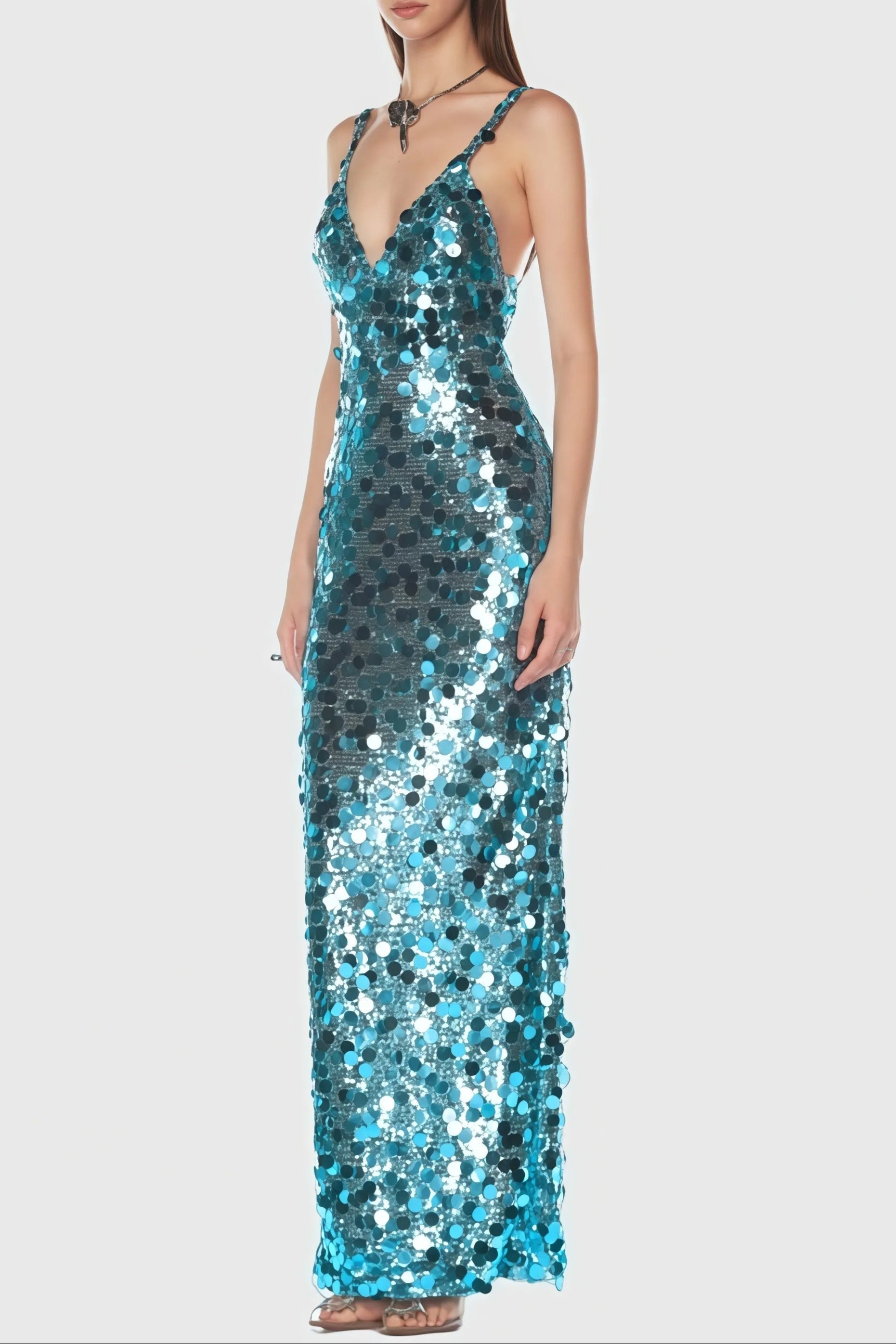 carlin Sequin Deep V Strapless Maxi Dress in blue