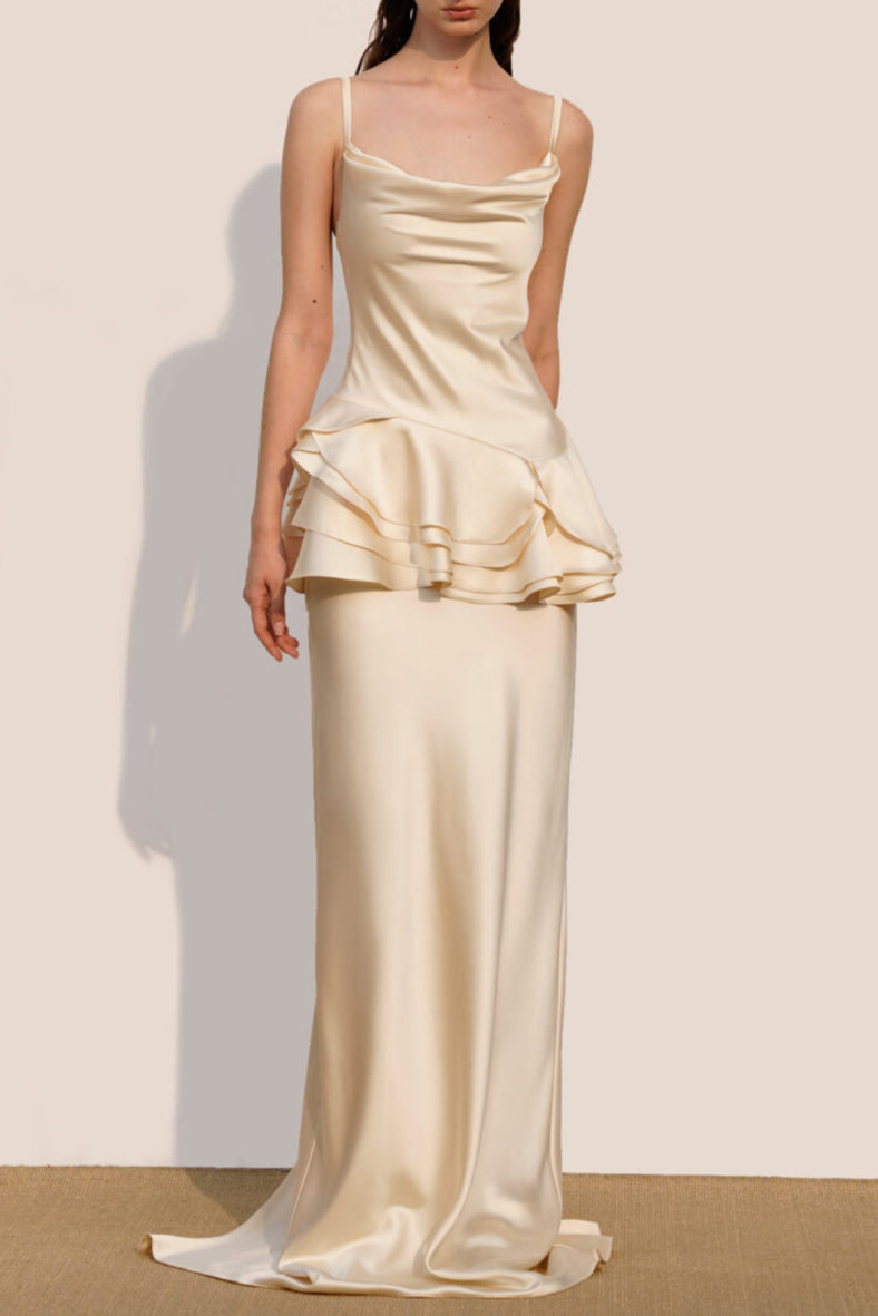 beverly Splicing ruffle silk maxi dress in apricot