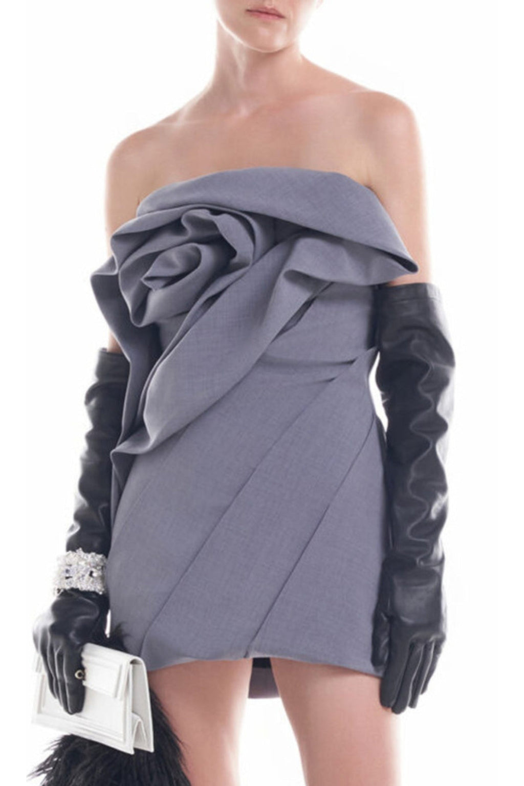 Alisa strapless flower mini dress in gray