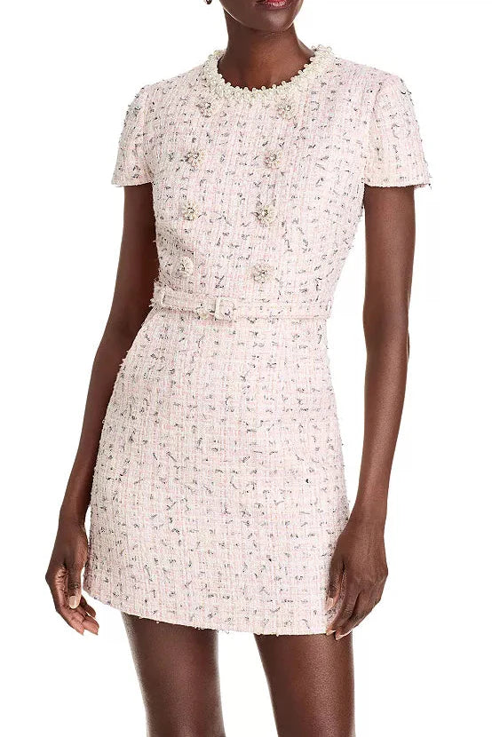 Embellished Bouclé Mini Dress in pink