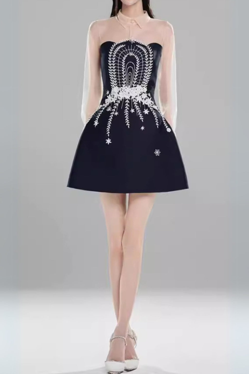 embroidered flower lapel tulle mini dress in dark blue