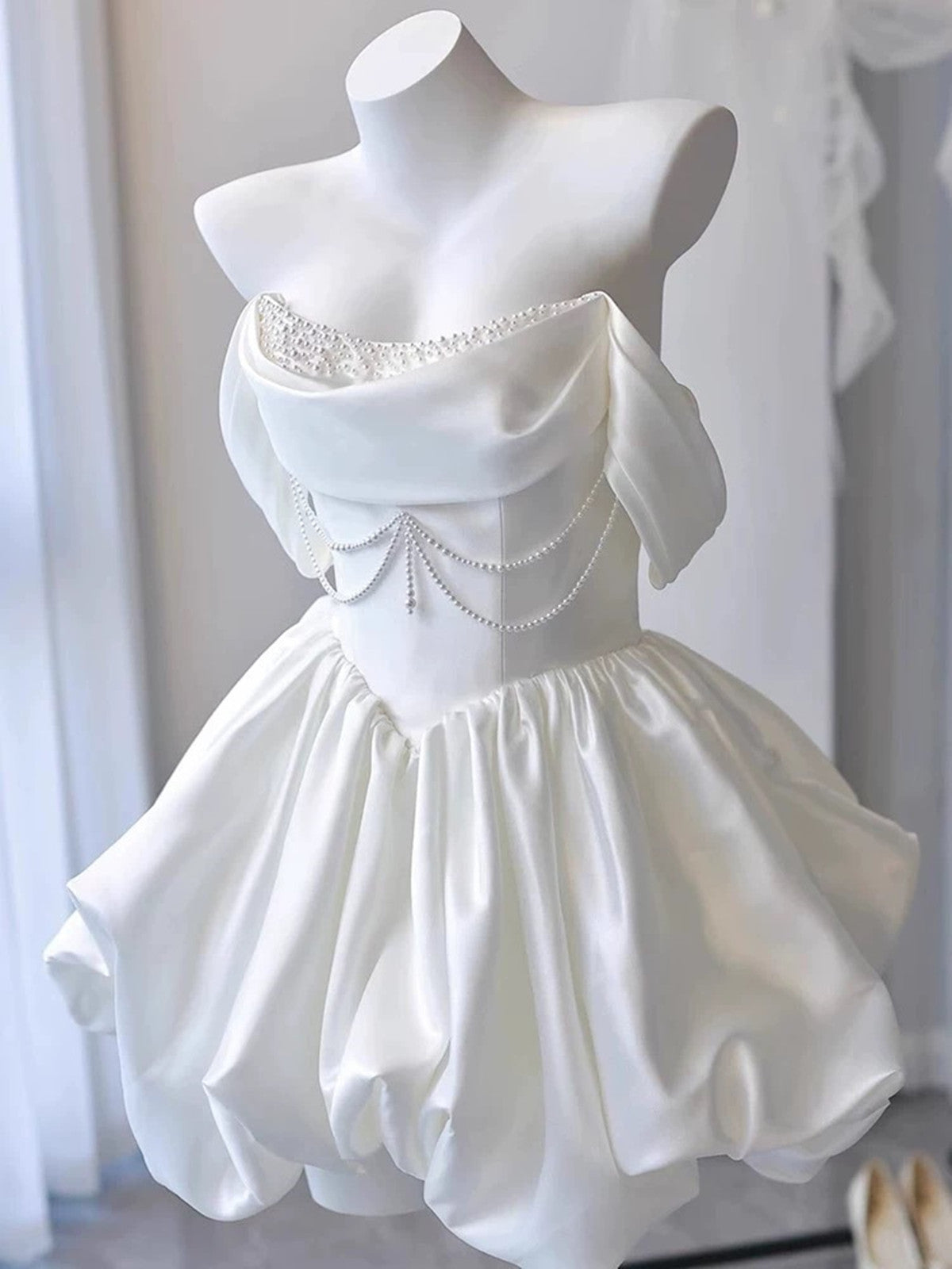 White Satin Beaded Off Shoulder Mini Dress