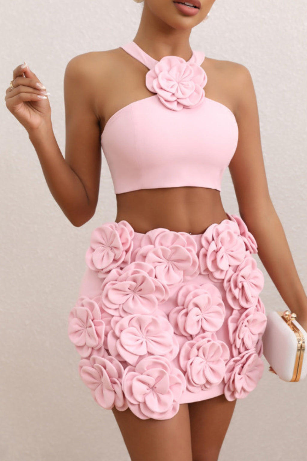 Flower pink mini dress set