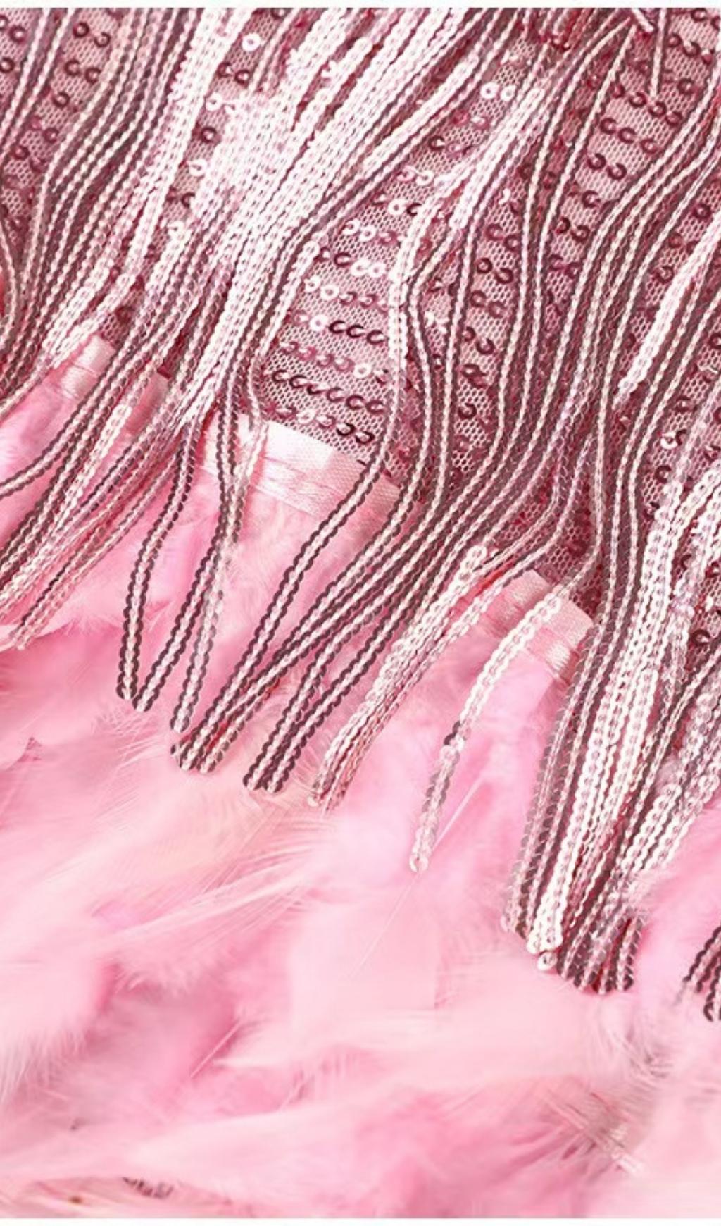 PINK TASSEL FEATHER MINI DRESS