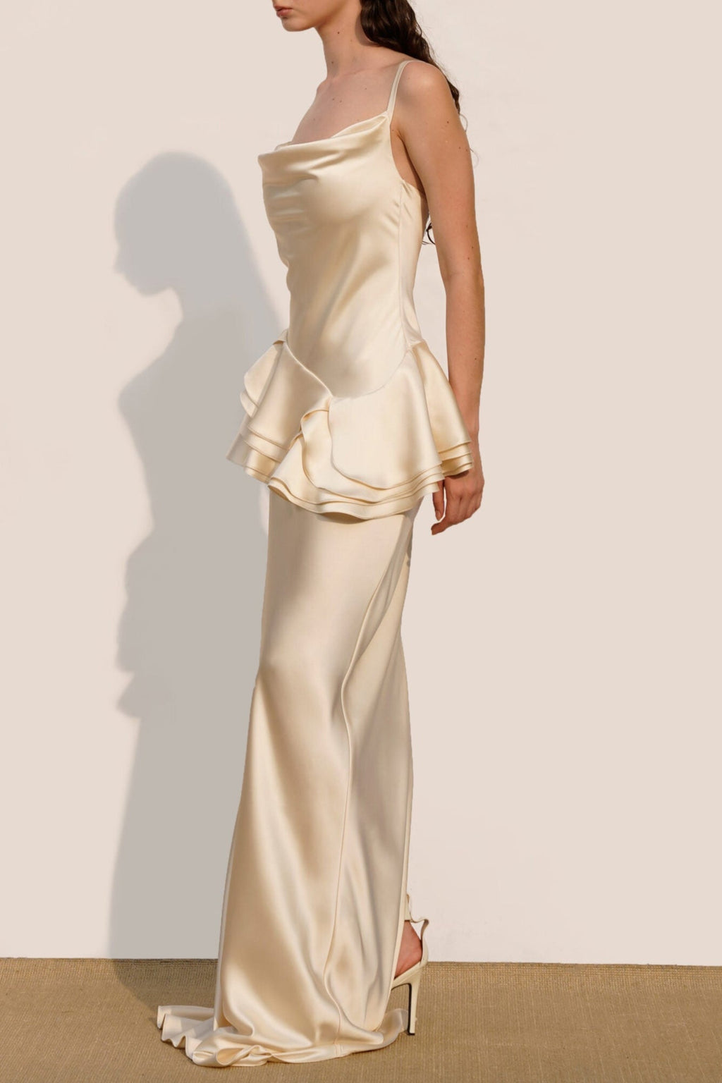 beverly Splicing ruffle silk maxi dress in apricot