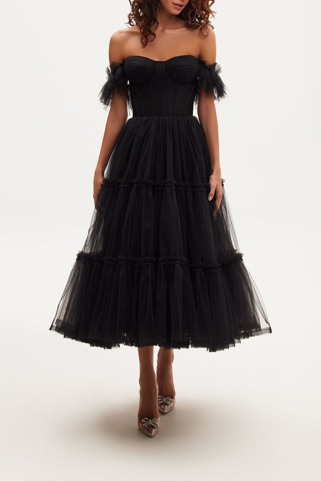 Black Ruffled Tulle Midi Dress