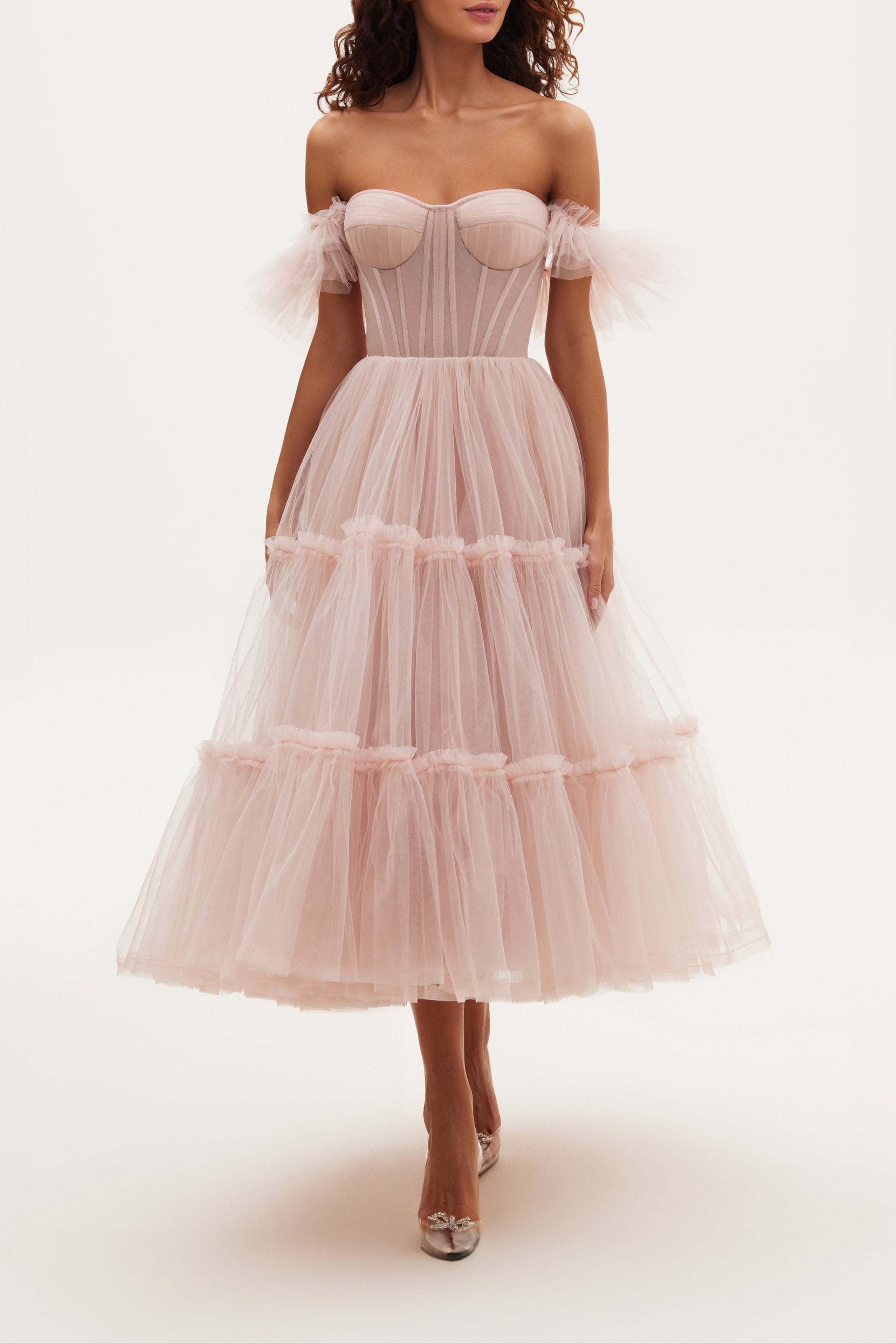 Misty Rose Ruffled Tulle Midi Dress