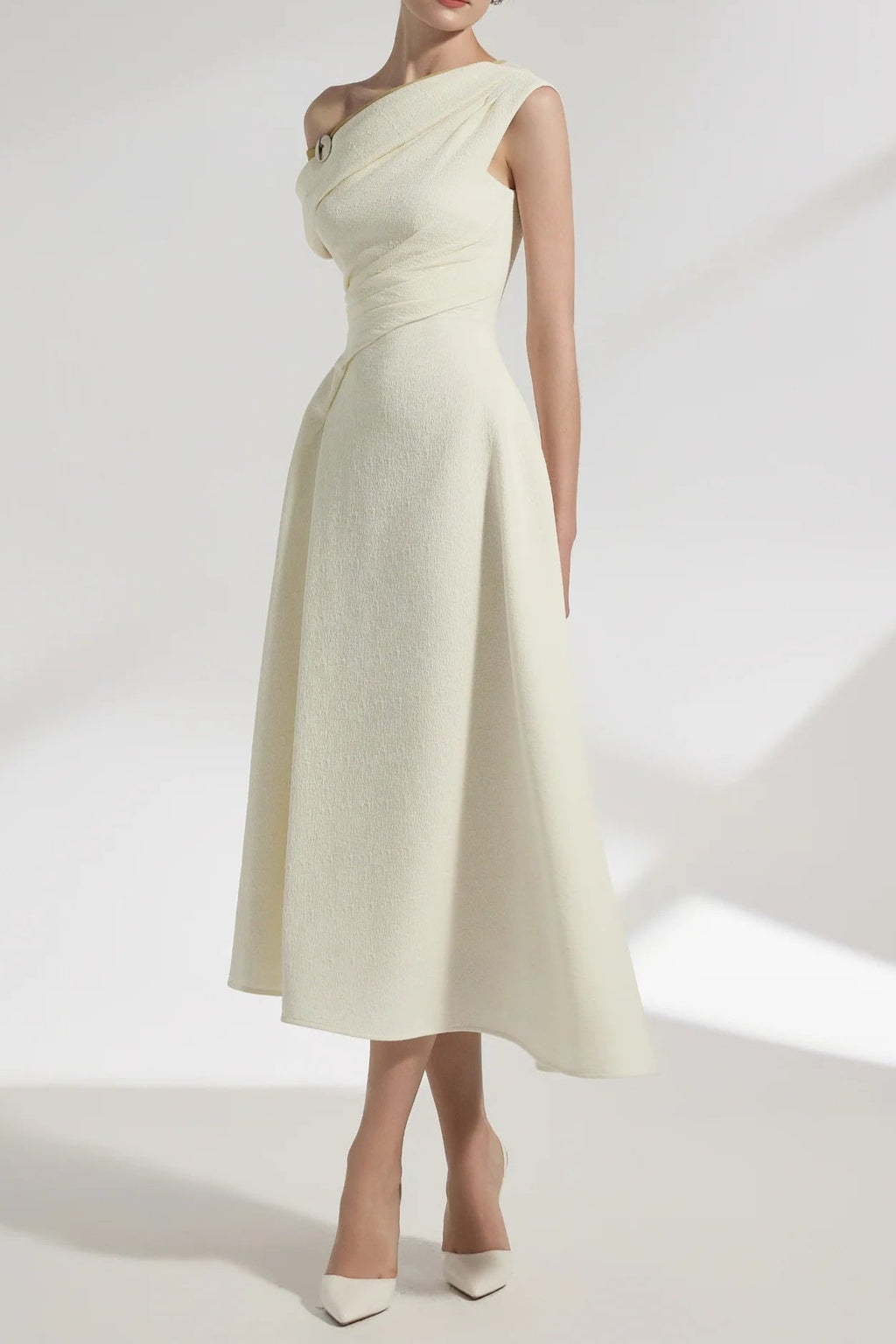 lucy one-shoulder a-line midi dress in white