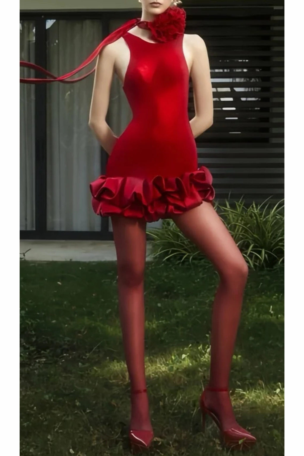 flower trim sleeveless mini dress in red