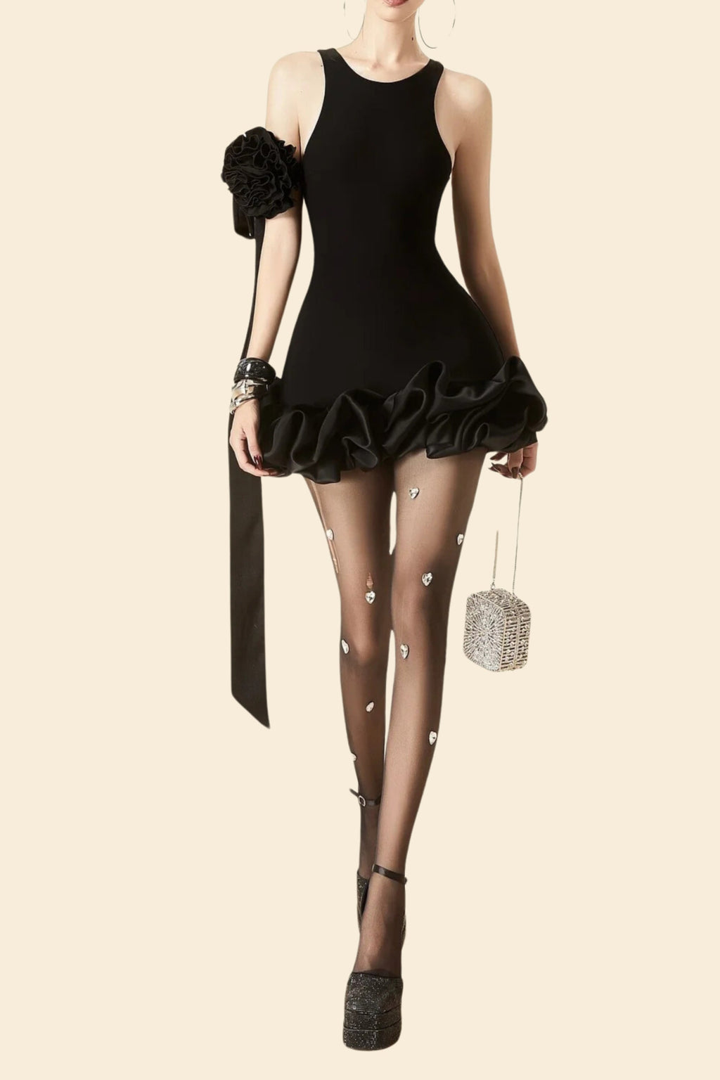 flower trim sleeveless mini dress in black