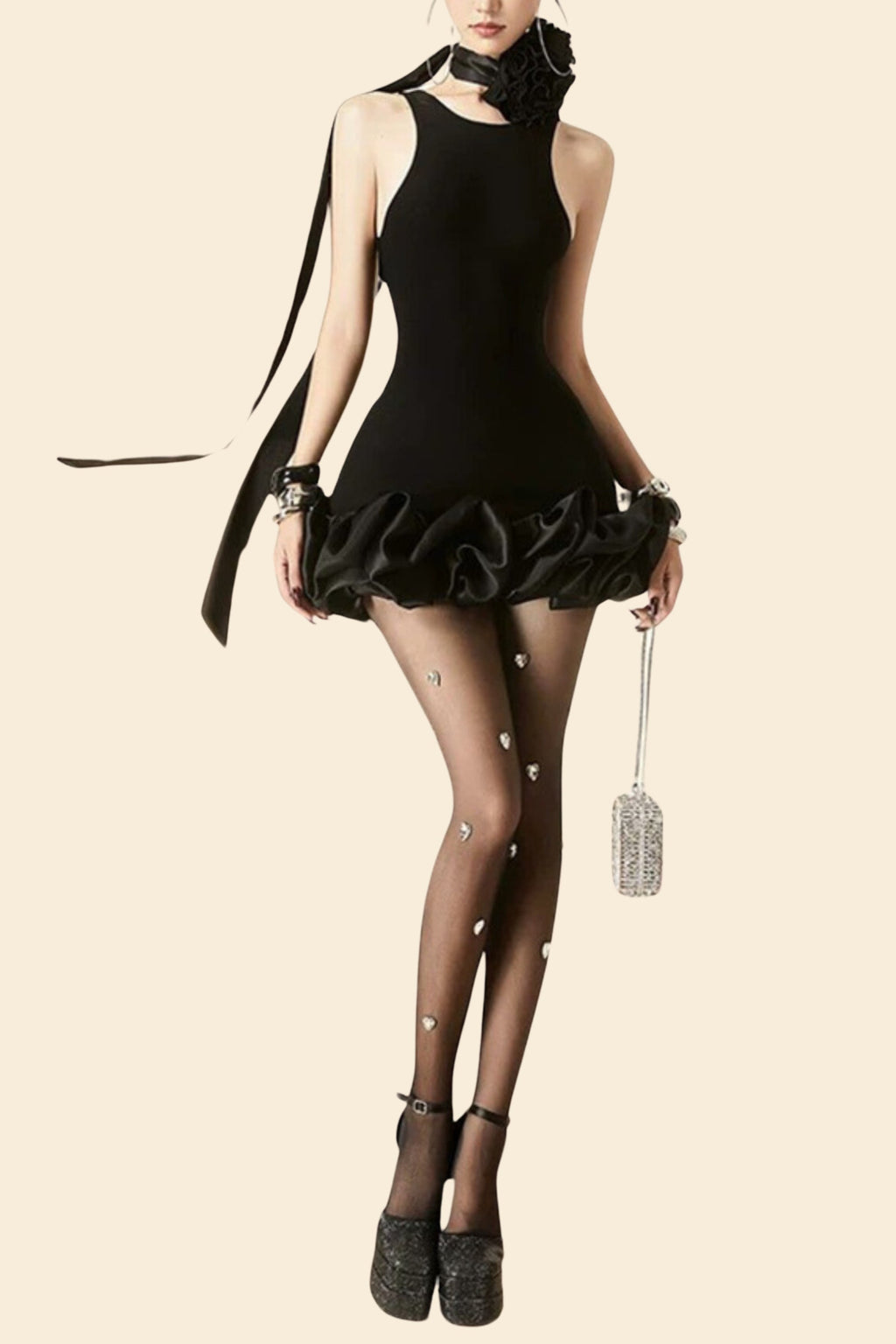 flower trim sleeveless mini dress in black