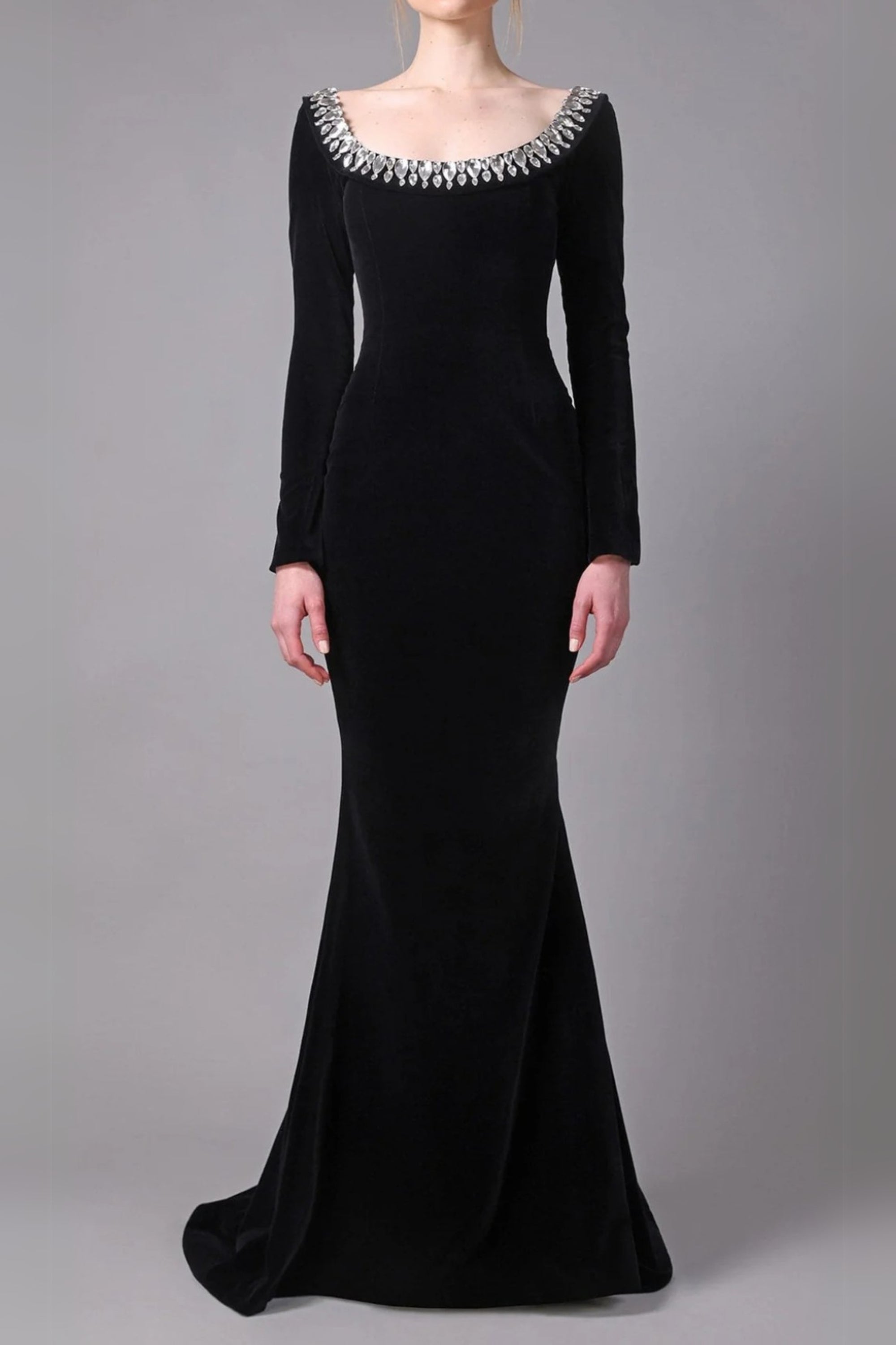 black crepe gown with crystal neckline