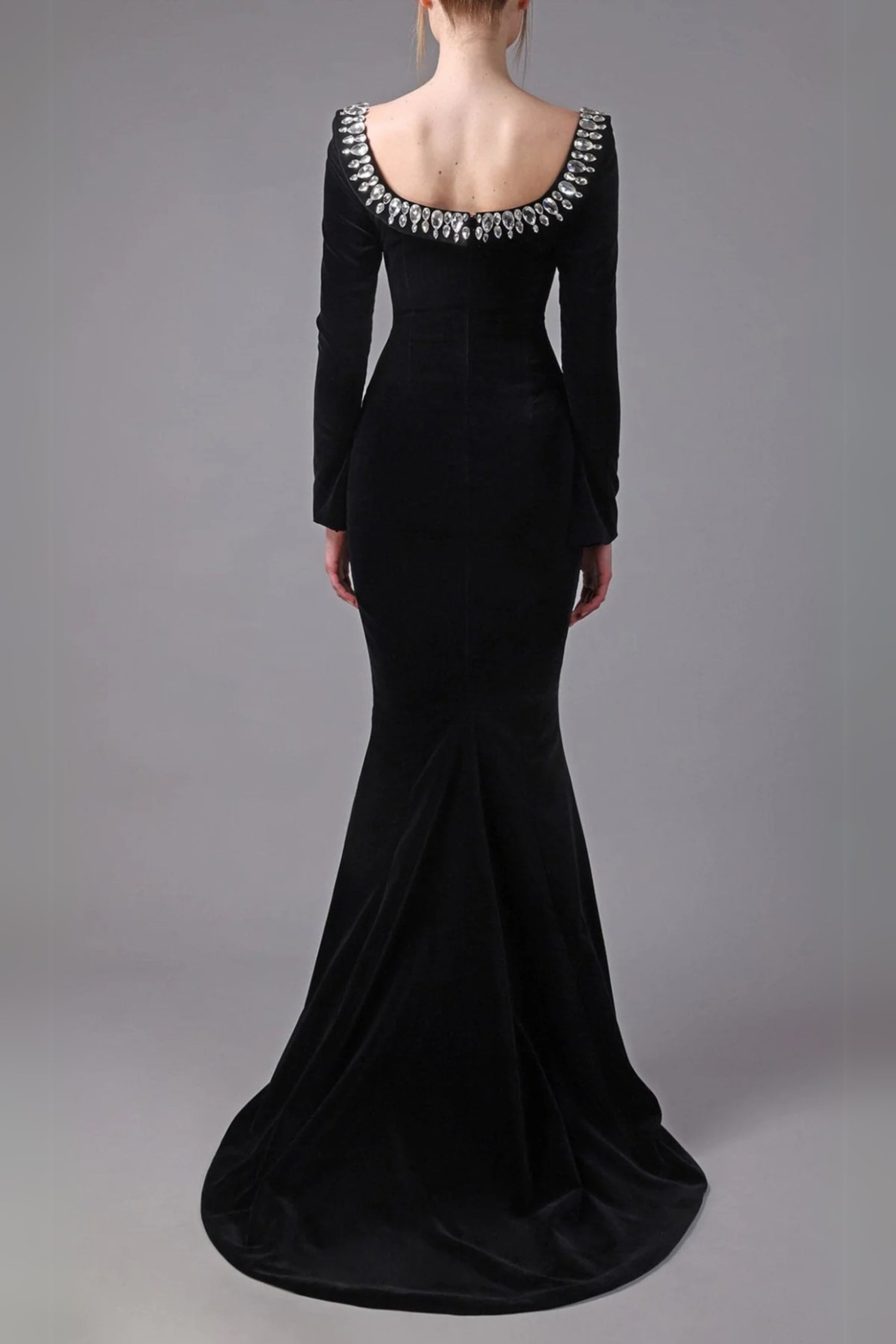 black crepe gown with crystal neckline