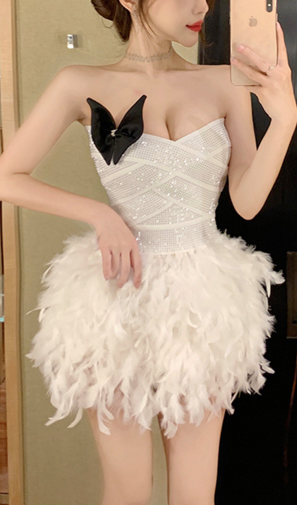 RHINESTONE FEATHER STRAPLESS MINI DRESS IN WHITE