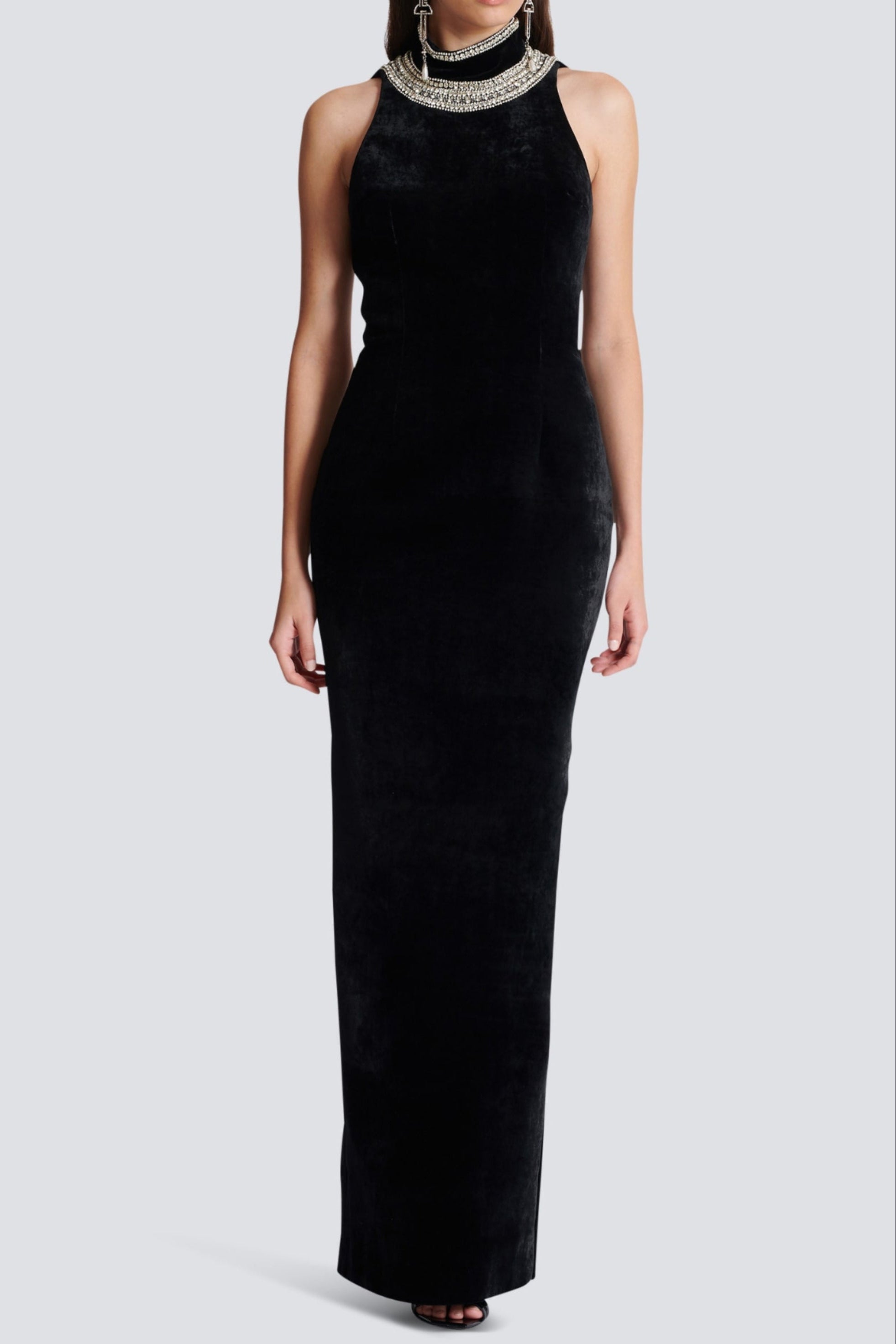 embroidered velvet halterneck maxi dress in black